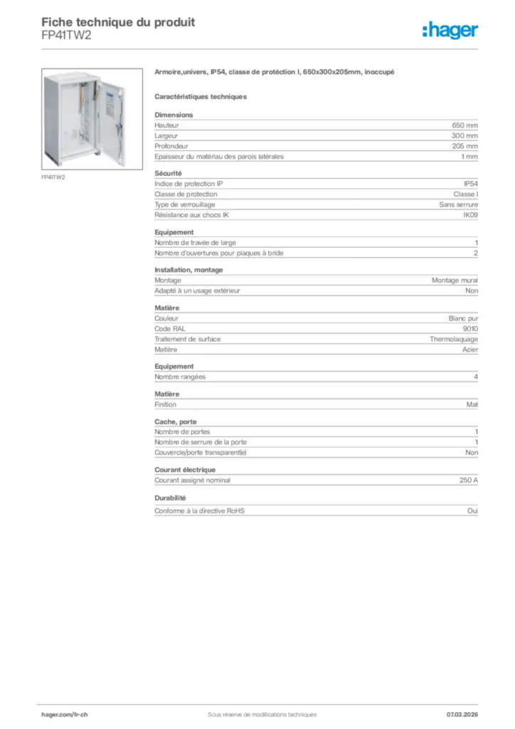 Image Hager Fiche technique du produit FP41TW2 | Hager Suisse