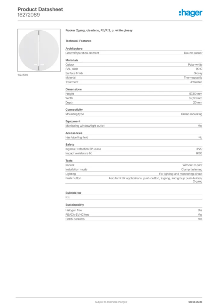 Image Hager Product data sheet 16272089  | Hager