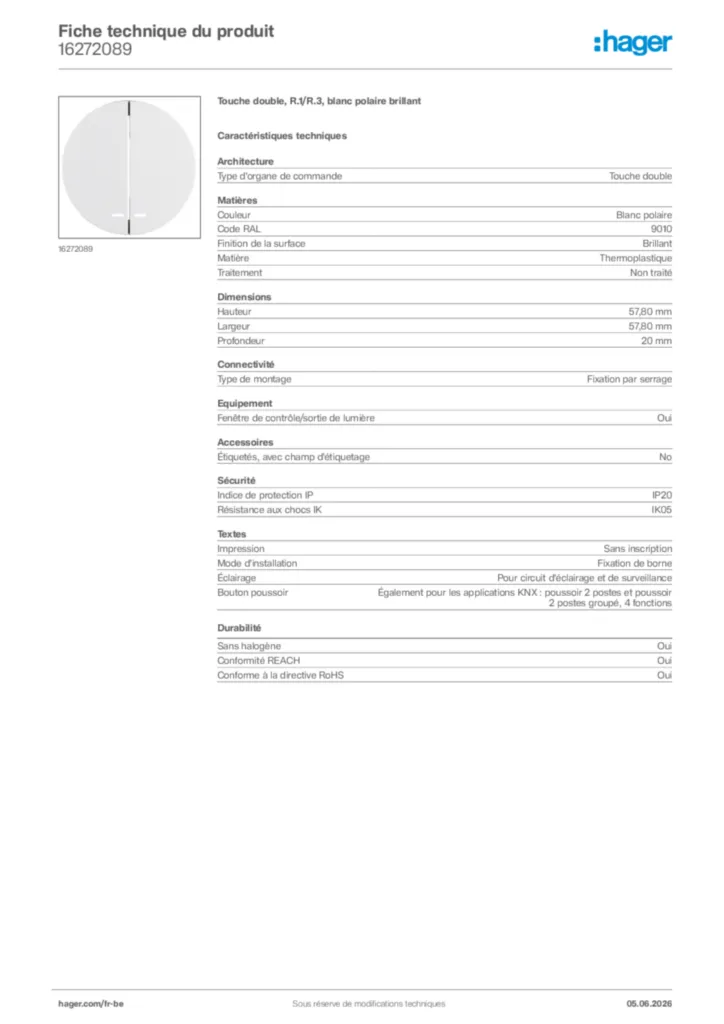 Image Hager Fiche technique du produit 16272089 | Hager Belgique