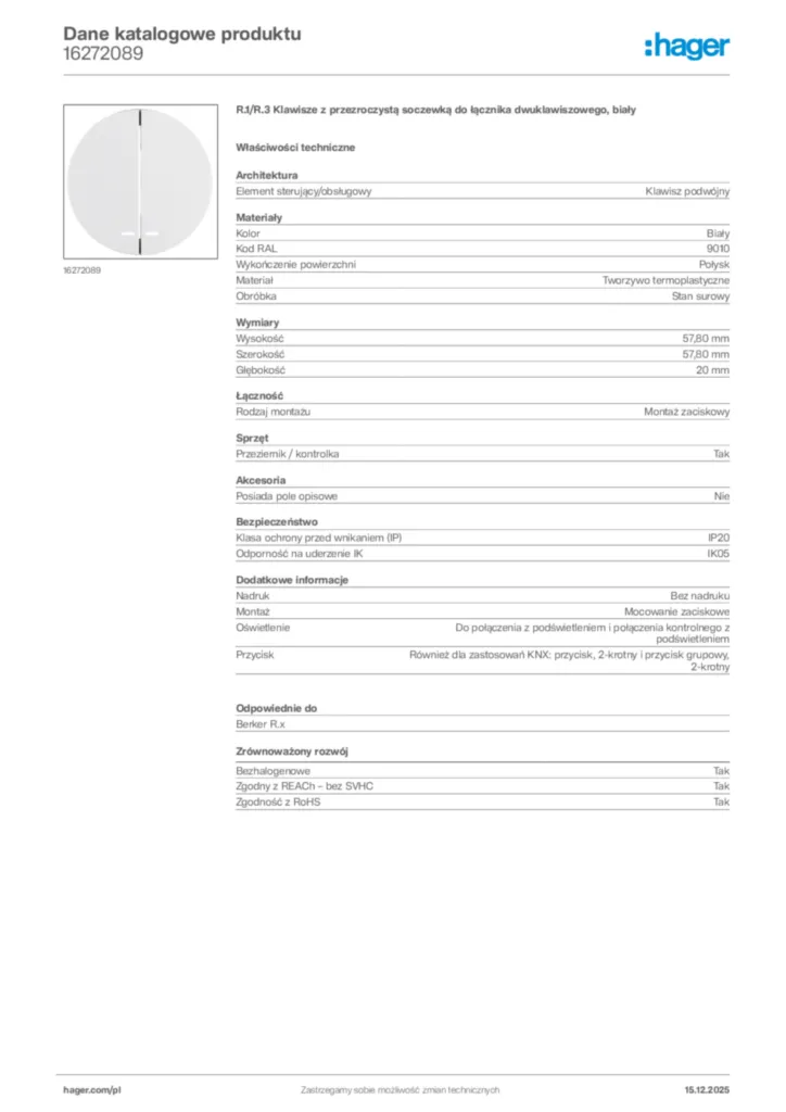 Zdjęcie Hager Karta katalogowa 16272089 | Hager Polska
