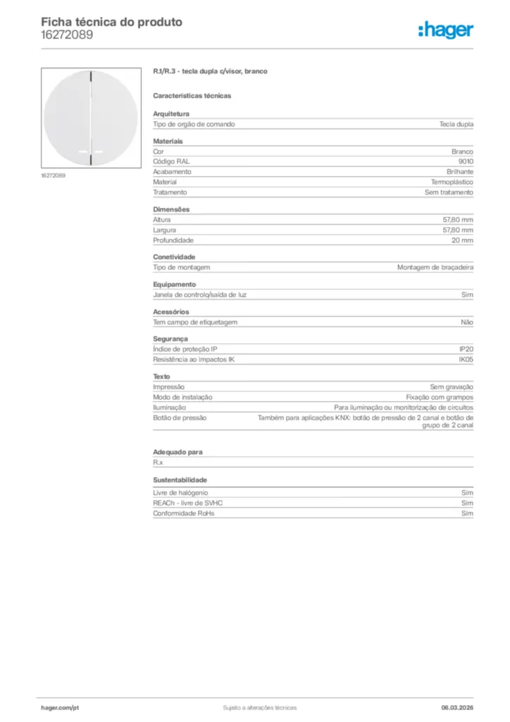 Imagem Hager Ficha técnica do produto 16272089 | Hager Portugal