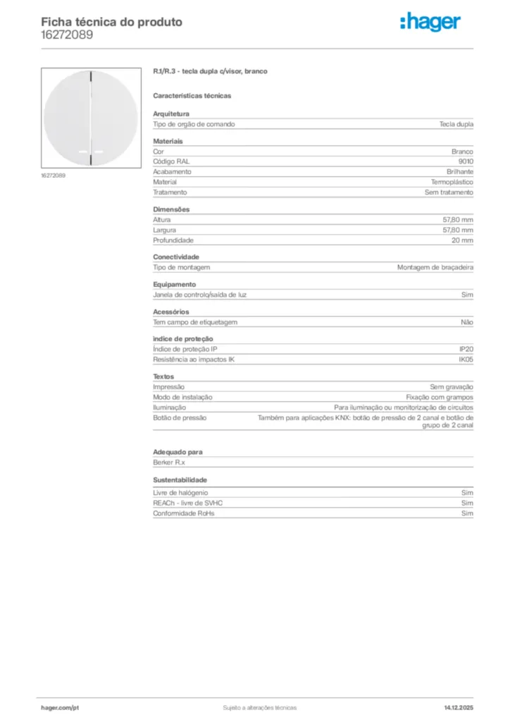 Imagem Hager Ficha técnica do produto 16272089 | Hager Portugal