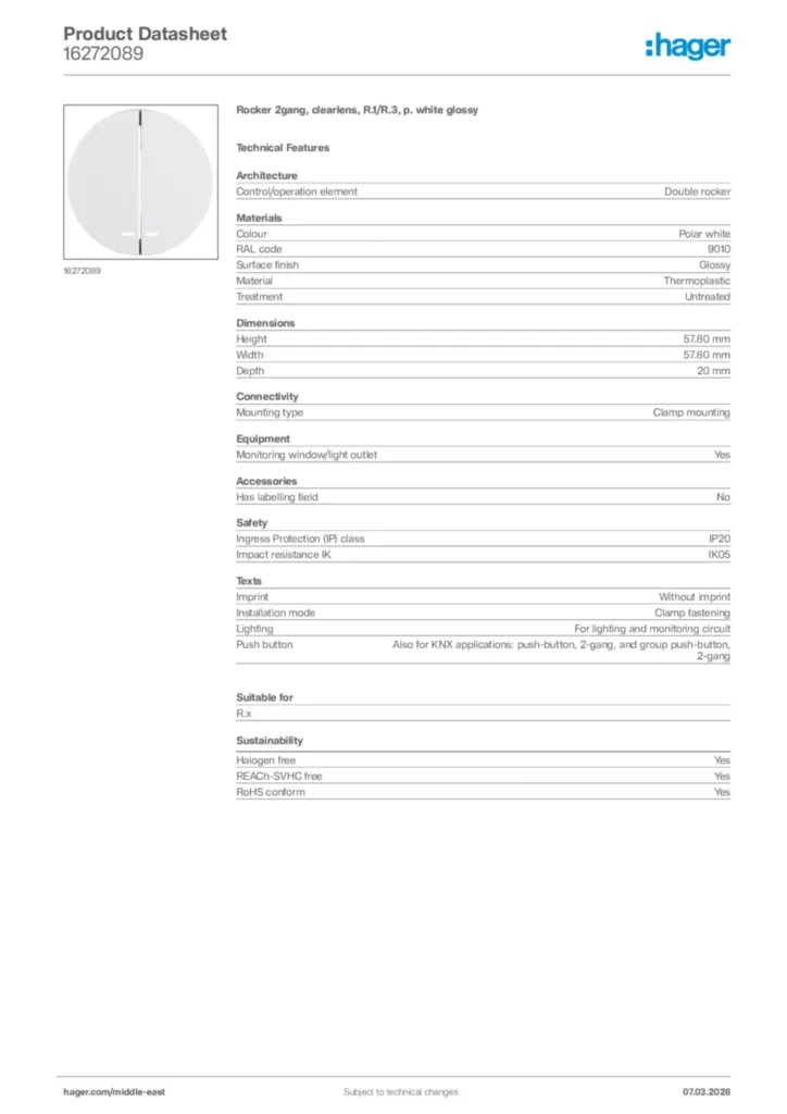 Image Hager Product data sheet 16272089  | Hager
