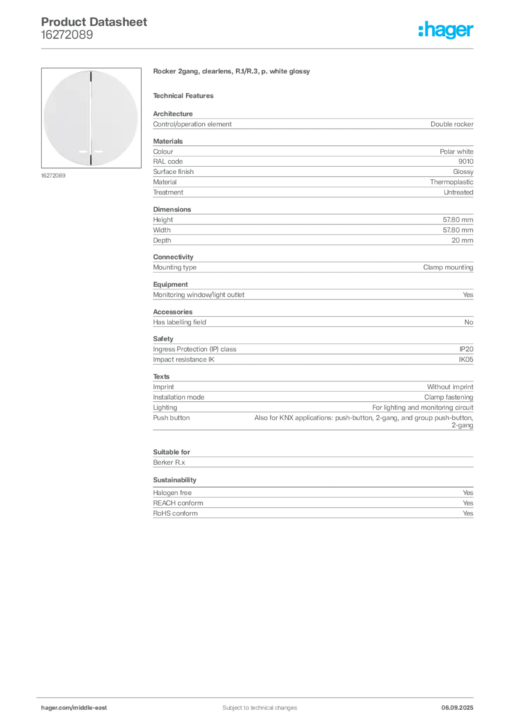 Image Hager Product data sheet 16272089  | Hager