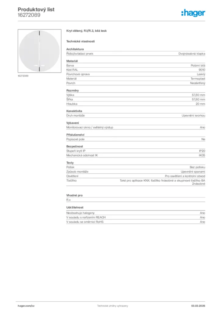 Obrázek Hager Product data sheet 16272089 | Hager