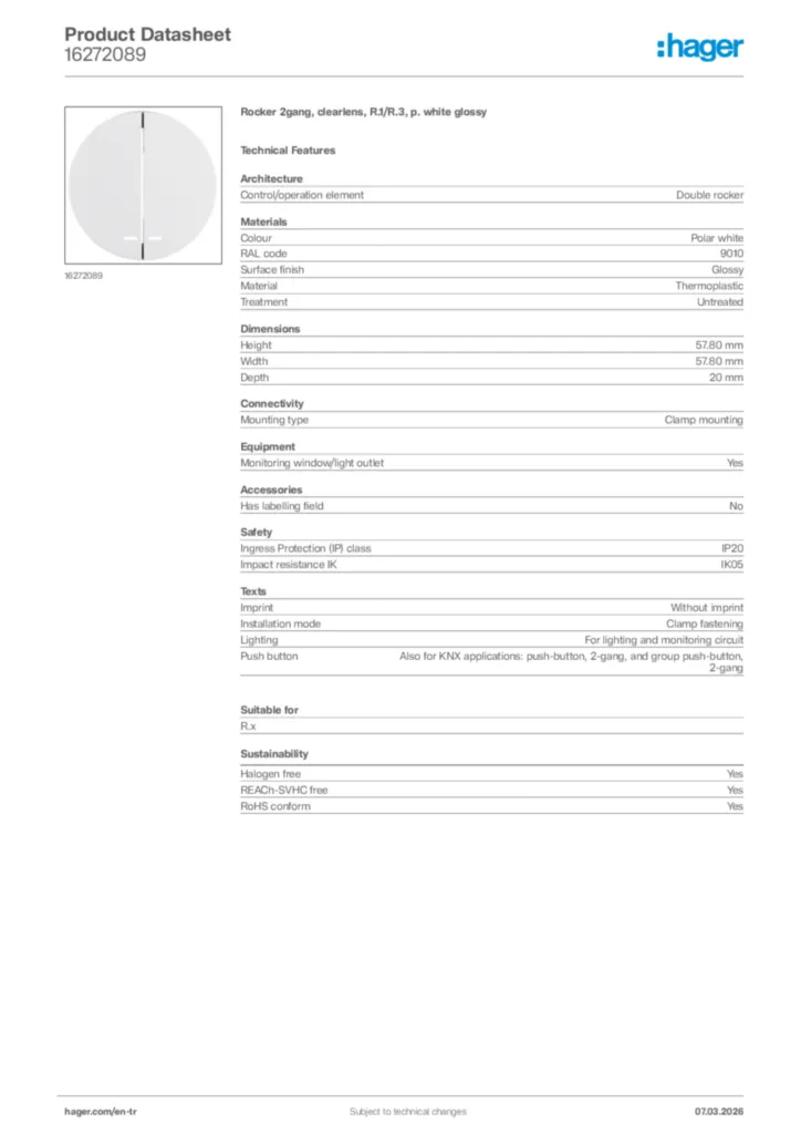 Image Hager Product data sheet 16272089  | Hager