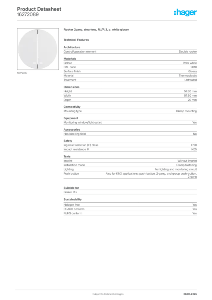 Image Hager Product data sheet 16272089  | Hager