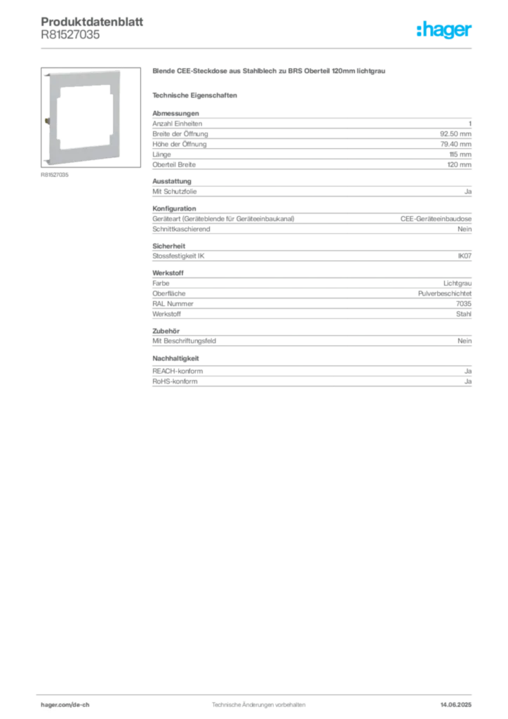 Bild Hager Produktdatenblatt R81527035 | Hager Schweiz