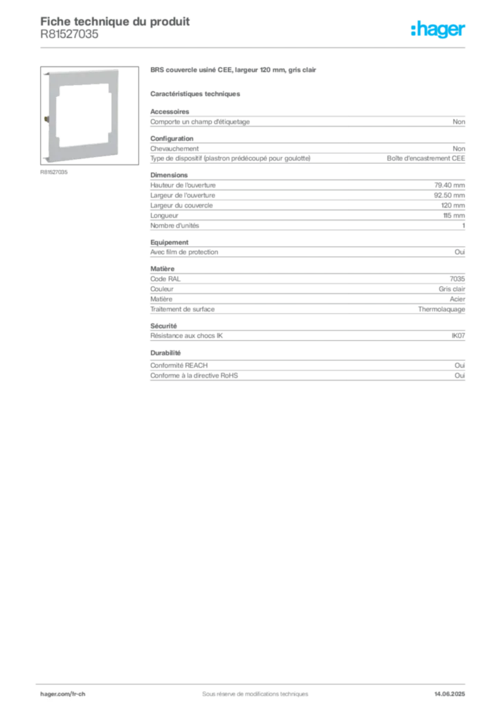 Image Hager Fiche technique du produit R81527035 | Hager Suisse