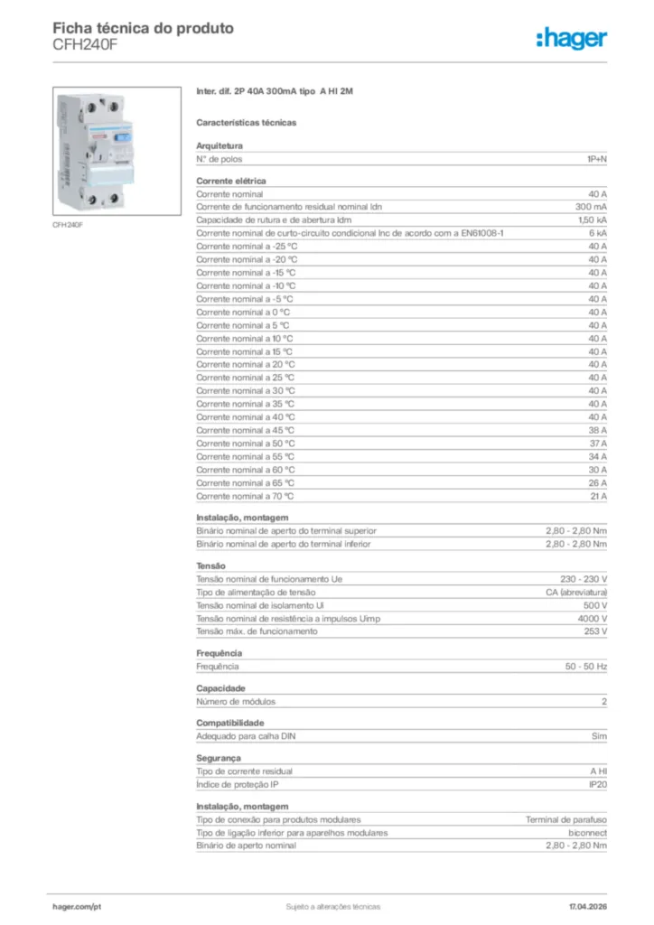 Imagem Hager Ficha técnica do produto CFH240F | Hager Portugal