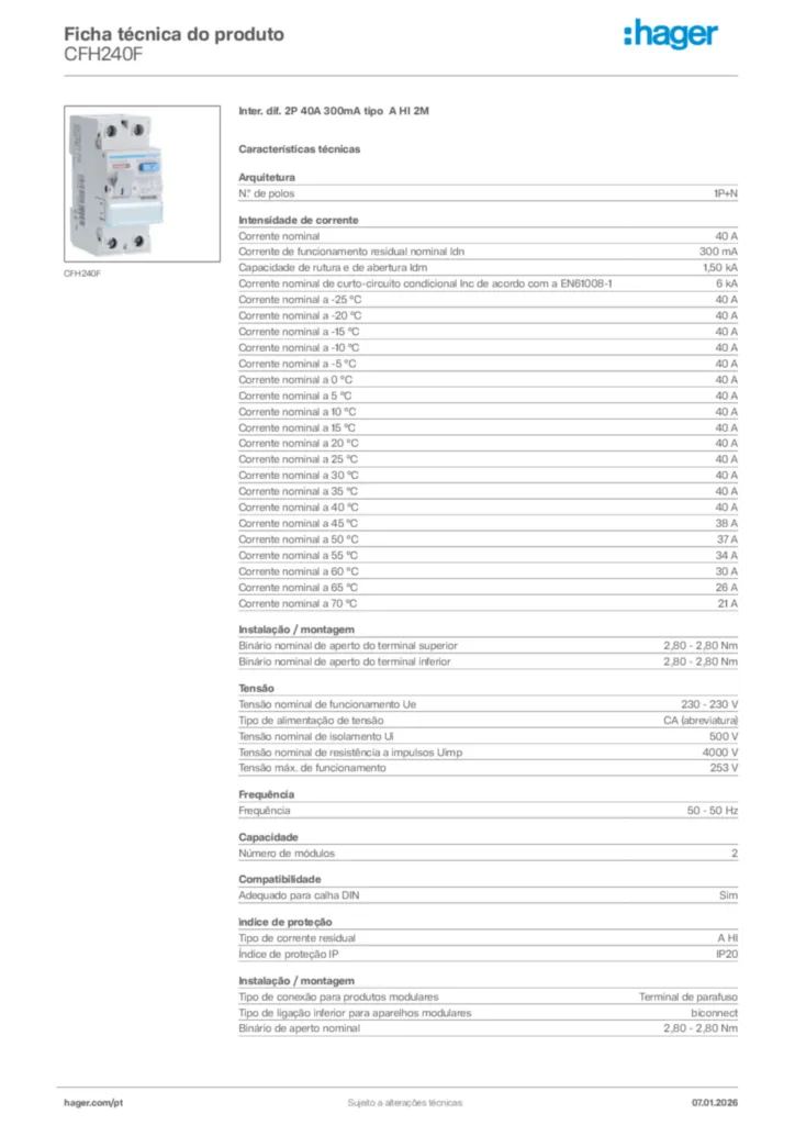 Imagem Hager Ficha técnica do produto CFH240F | Hager Portugal