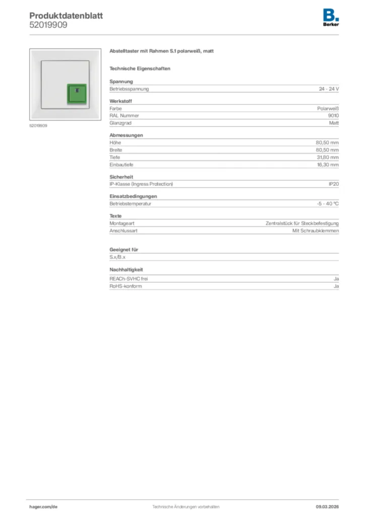 Bild Berker Produktdatenblatt 52019909 | Hager Deutschland