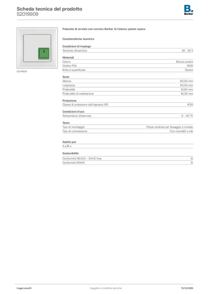 Immagine Berker Scheda tecnica del prodotto 52019909 | Hager Italia