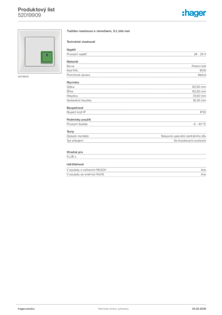 Obrázek Hager Product data sheet 52019909 | Hager
