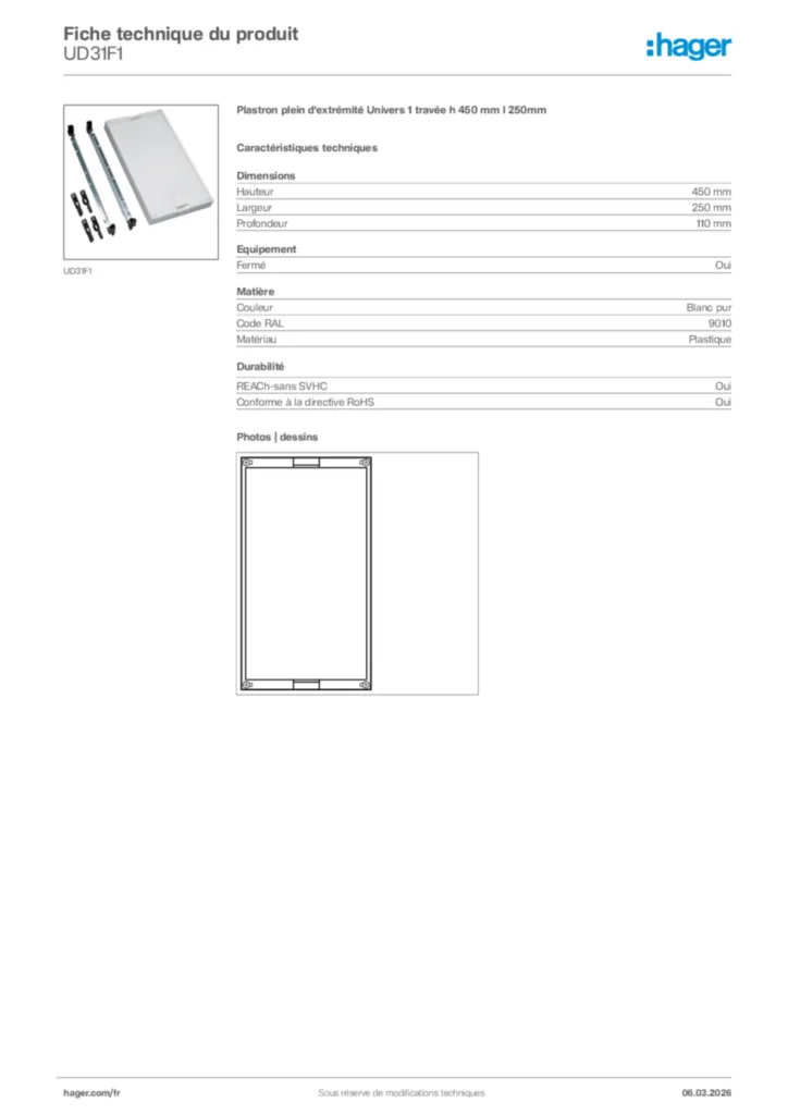 Image Hager Fiche technique du produit UD31F1 | Hager France