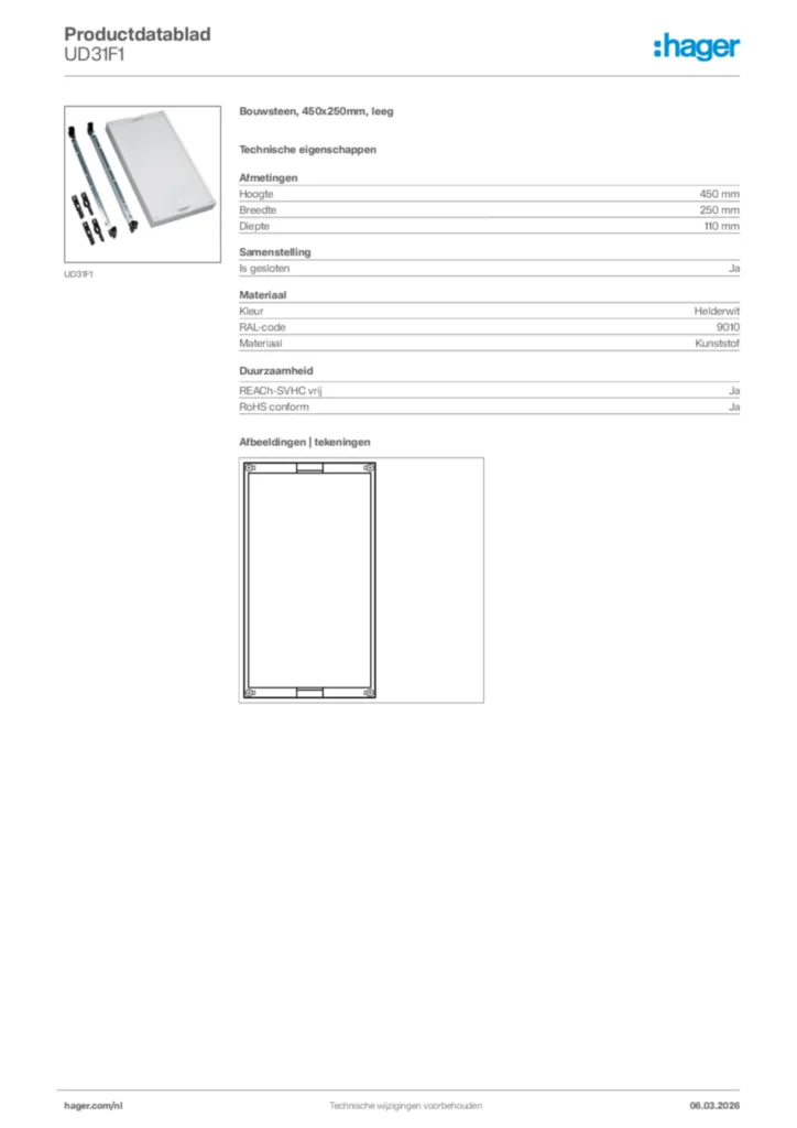 Afbeelding Hager Productdatablad UD31F1 | Hager Nederland