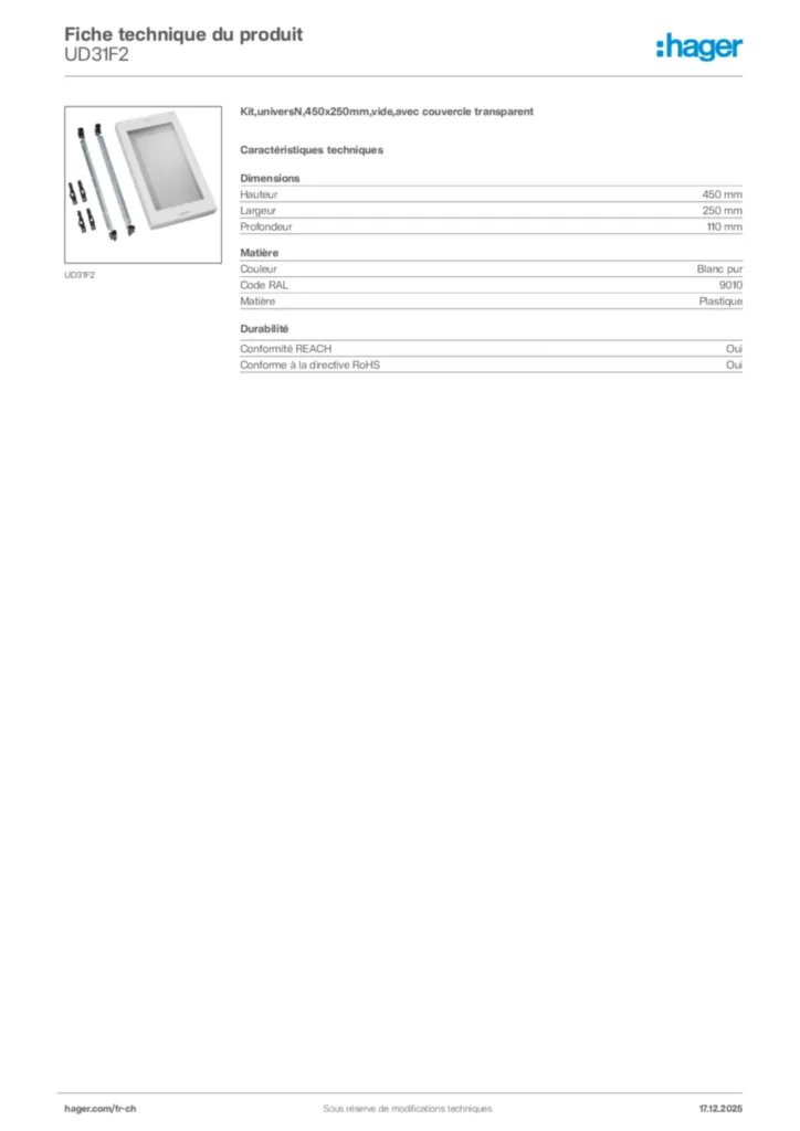 Image Hager Fiche technique du produit UD31F2 | Hager Suisse