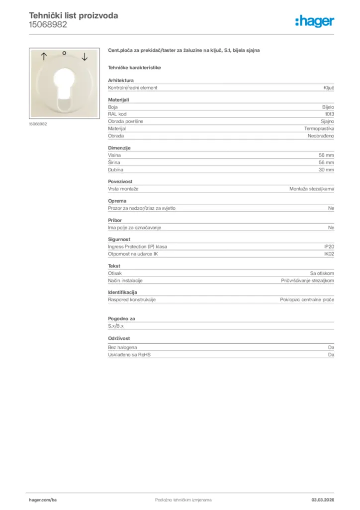Slika Hager Tehnički list proizvoda 15068982  | Hager