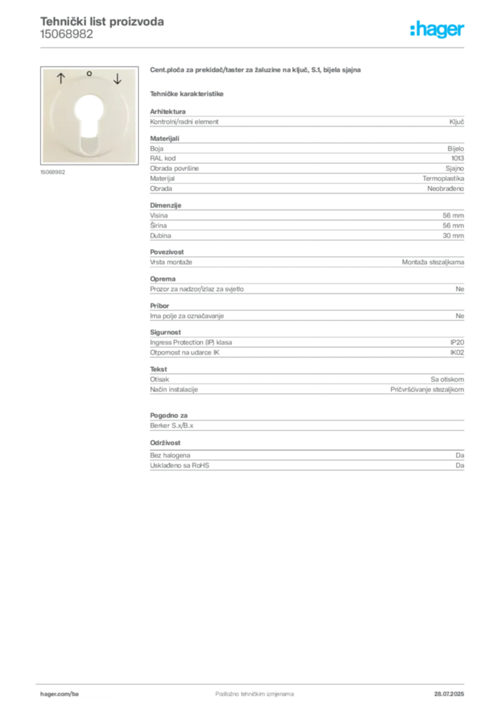 Slika Hager Product data sheet 15068982  | Hager