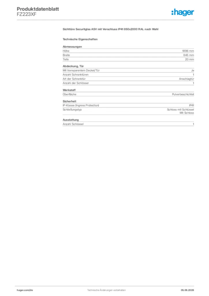 Bild Hager Produktdatenblatt FZ223XF | Hager Deutschland