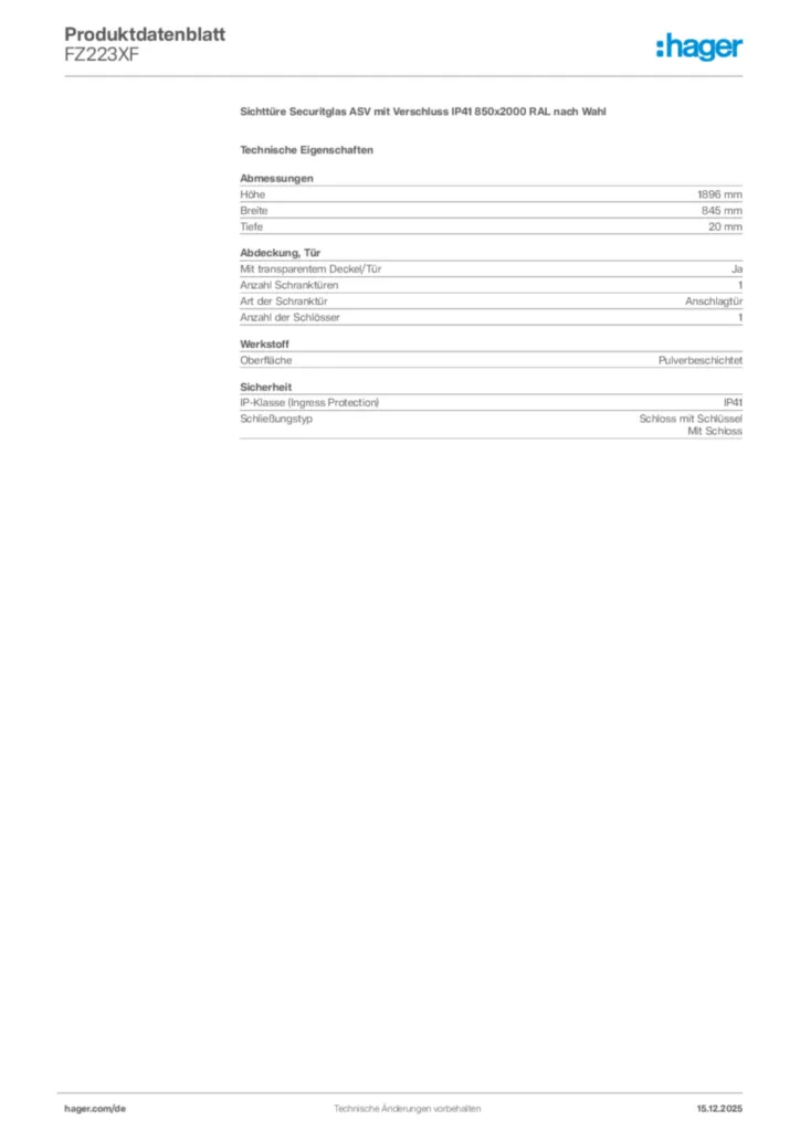 Bild Hager Produktdatenblatt FZ223XF | Hager Deutschland