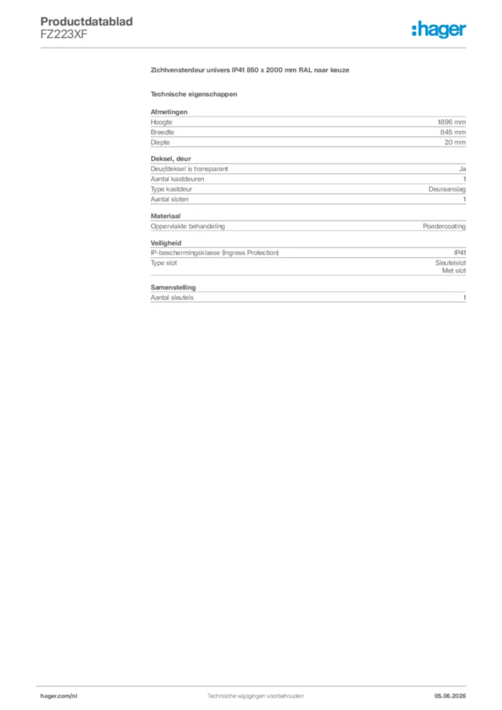 Afbeelding Hager Productdatablad FZ223XF | Hager Nederland