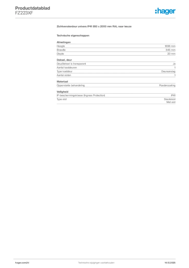 Afbeelding Hager Productdatablad FZ223XF | Hager Nederland