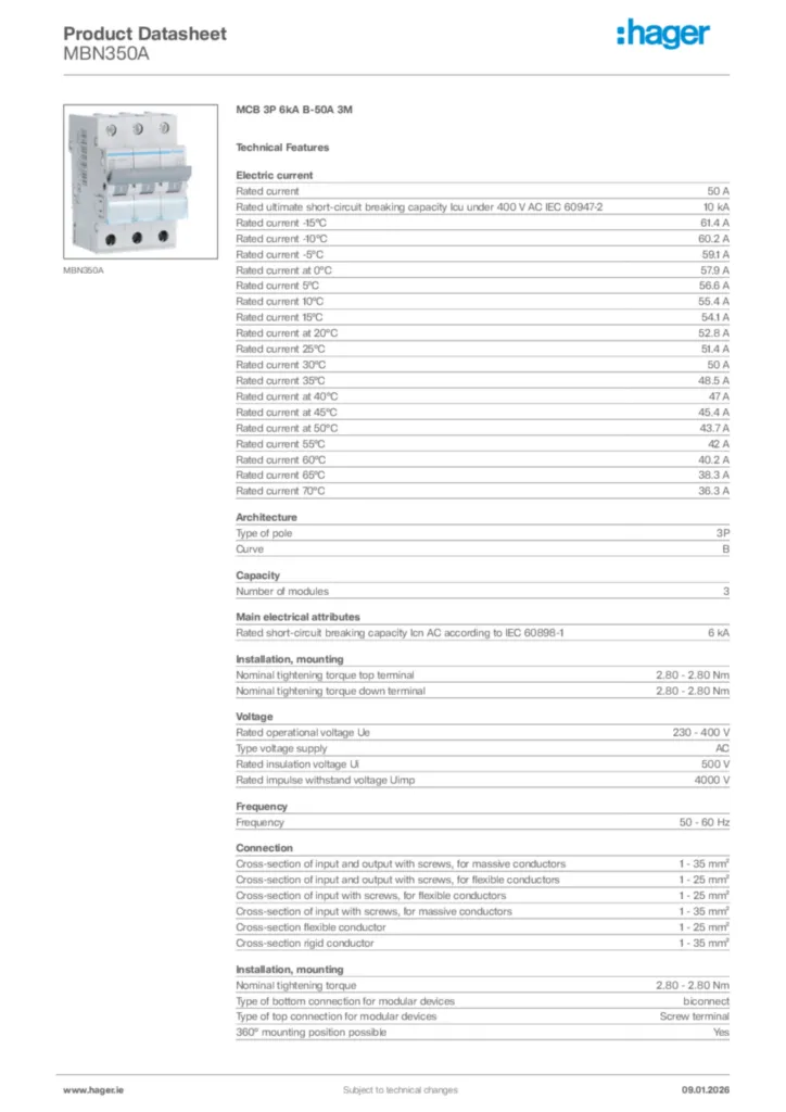 Image Hager Product data sheet MBN350A  | Hager