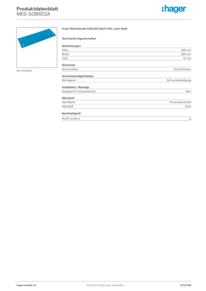Bild Hager Produktdatenblatt MES-SOB602A | Hager Schweiz