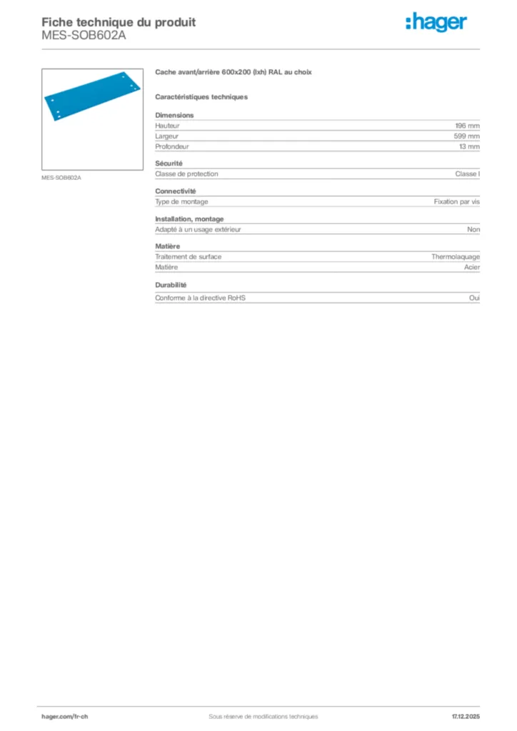 Image Hager Fiche technique du produit MES-SOB602A | Hager Suisse