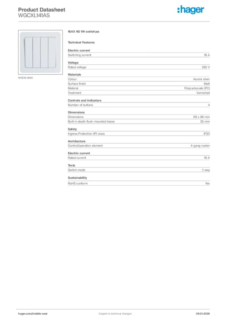 Image Hager Product data sheet WGCXL141AS  | Hager