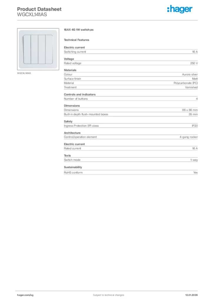 Image Hager Product data sheet WGCXL141AS  | Hager