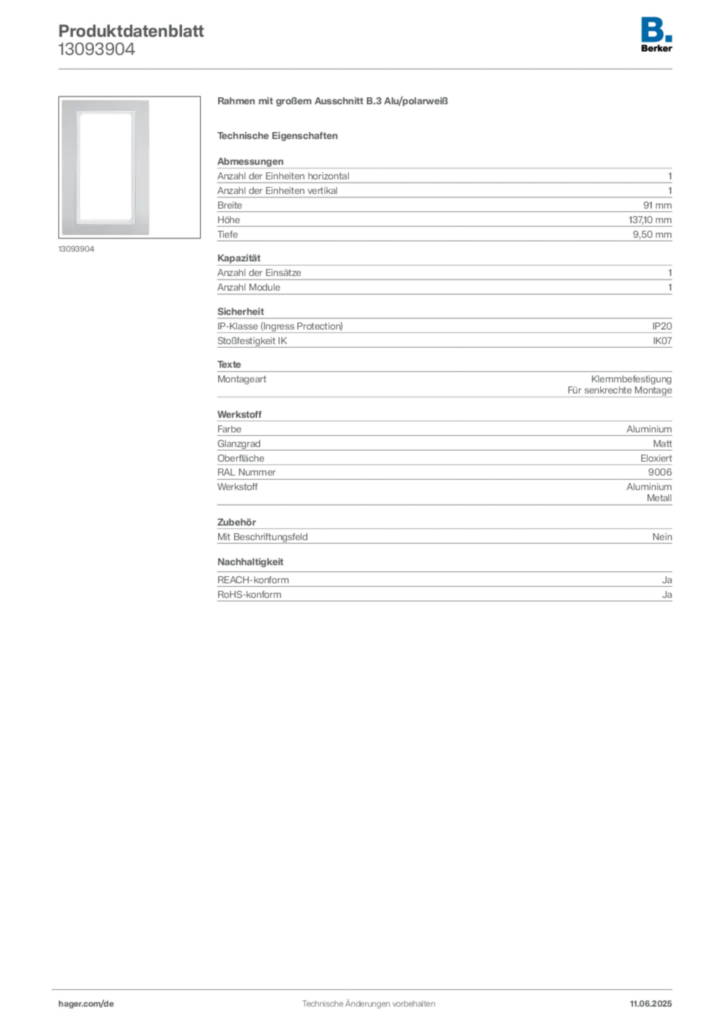 Bild Berker Produktdatenblatt 13093904 | Hager Deutschland