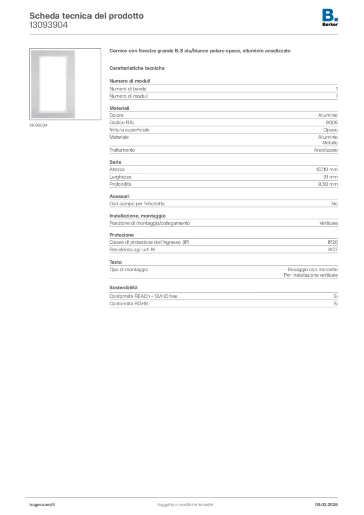 Immagine Berker Scheda tecnica del prodotto 13093904 | Hager Italia