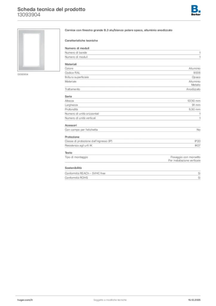 Immagine Berker Scheda tecnica del prodotto 13093904 | Hager Italia