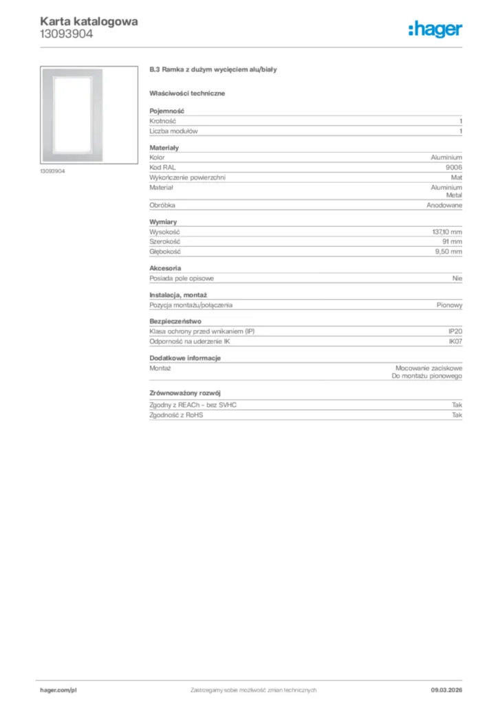 Zdjęcie Hager Karta katalogowa 13093904 | Hager Polska