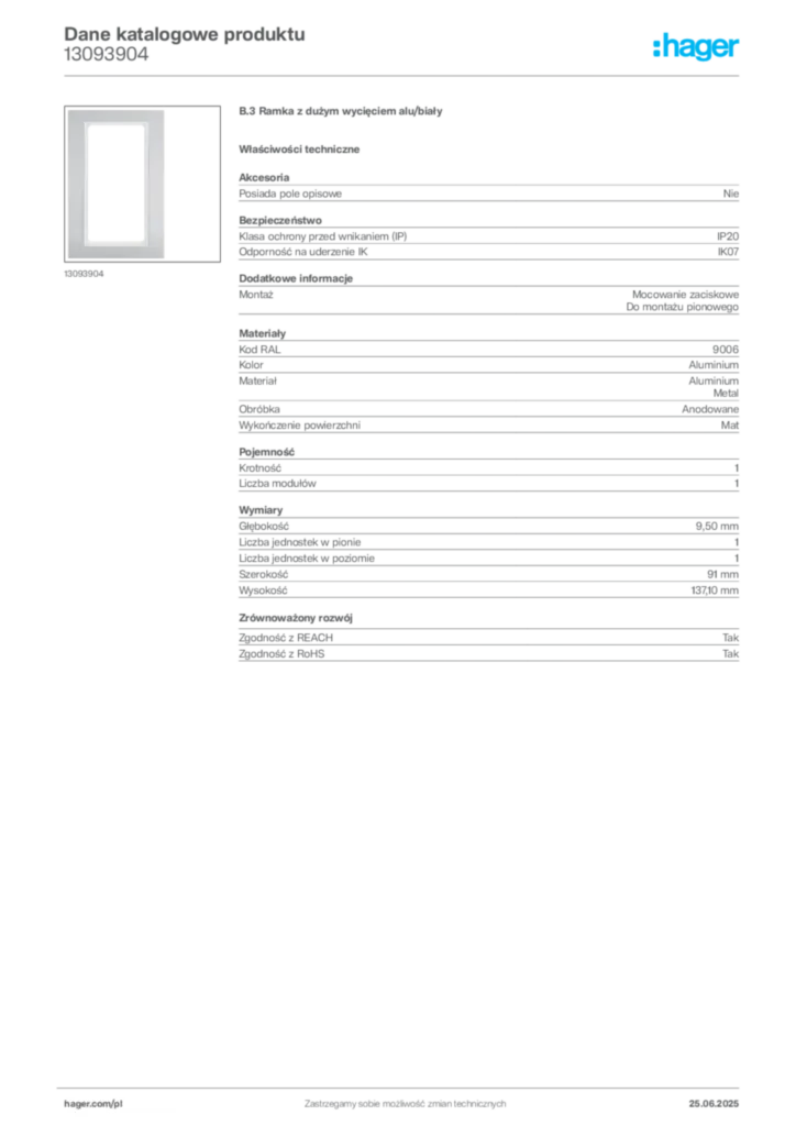 Zdjęcie Hager Karta katalogowa 13093904 | Hager Polska