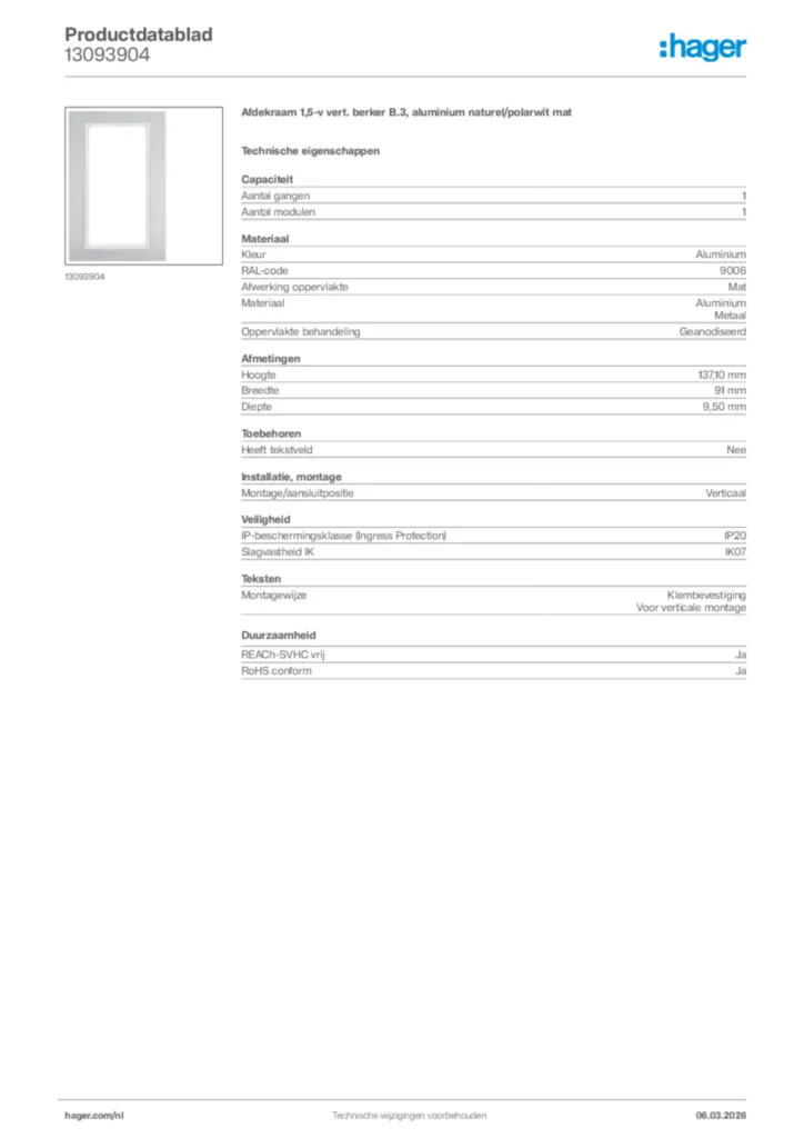 Afbeelding Hager Productdatablad 13093904 | Hager Nederland