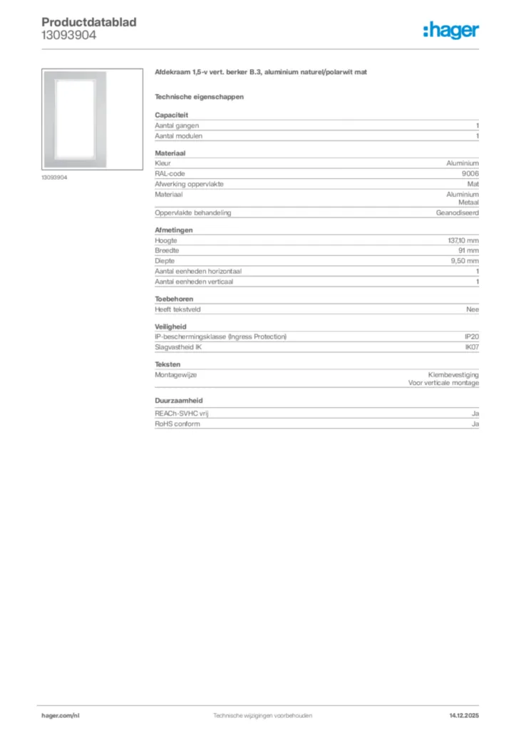 Afbeelding Hager Productdatablad 13093904 | Hager Nederland