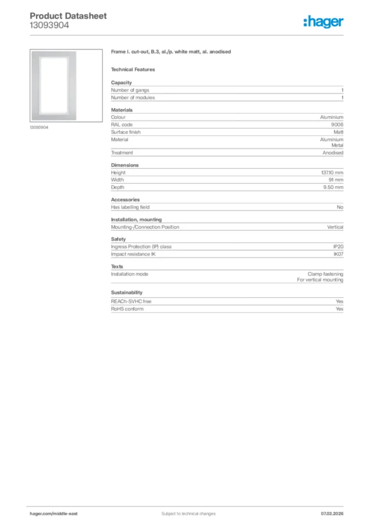 Image Hager Product data sheet 13093904  | Hager