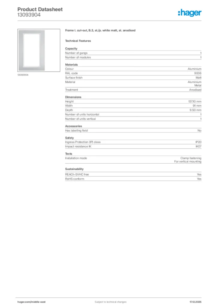 Image Hager Product data sheet 13093904  | Hager