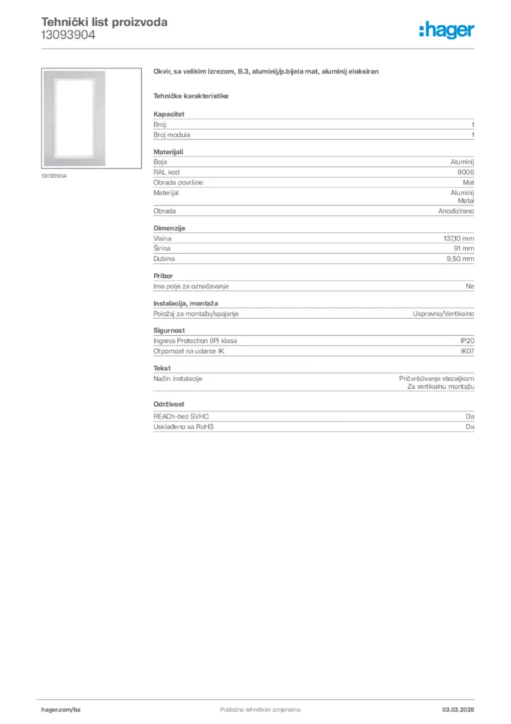 Slika Hager Tehnički list proizvoda 13093904  | Hager