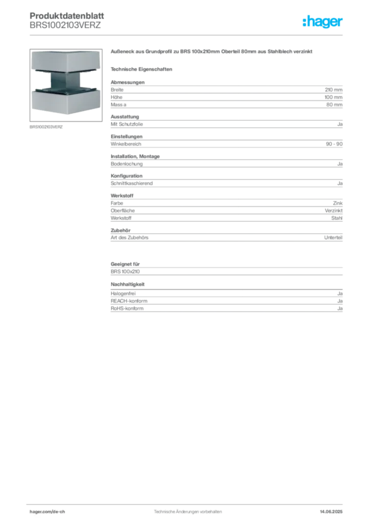 Bild Hager Produktdatenblatt BRS1002103VERZ | Hager Schweiz