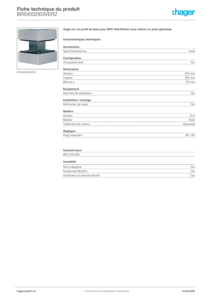 Image Hager Fiche technique du produit BRS1002103VERZ | Hager Suisse