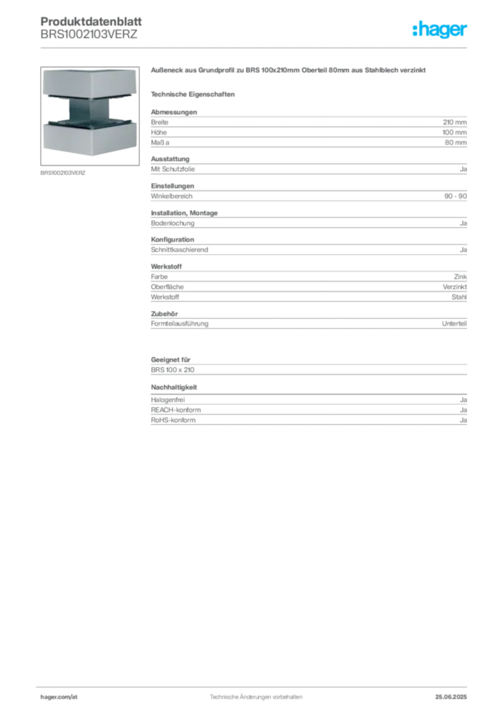 Bild Hager Produktdatenblatt BRS1002103VERZ | Hager Deutschland
