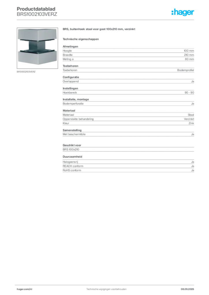 Afbeelding Hager Productdatablad BRS1002103VERZ | Hager Nederland