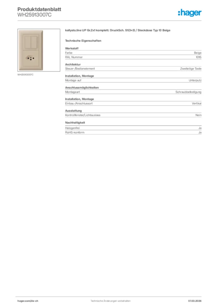 Bild Hager Produktdatenblatt WH25913007C | Hager Schweiz