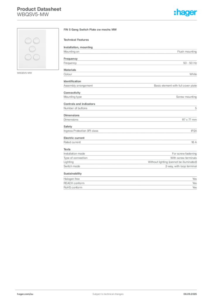 Image Hager Product data sheet WBQSV5-MW  | Hager Australia