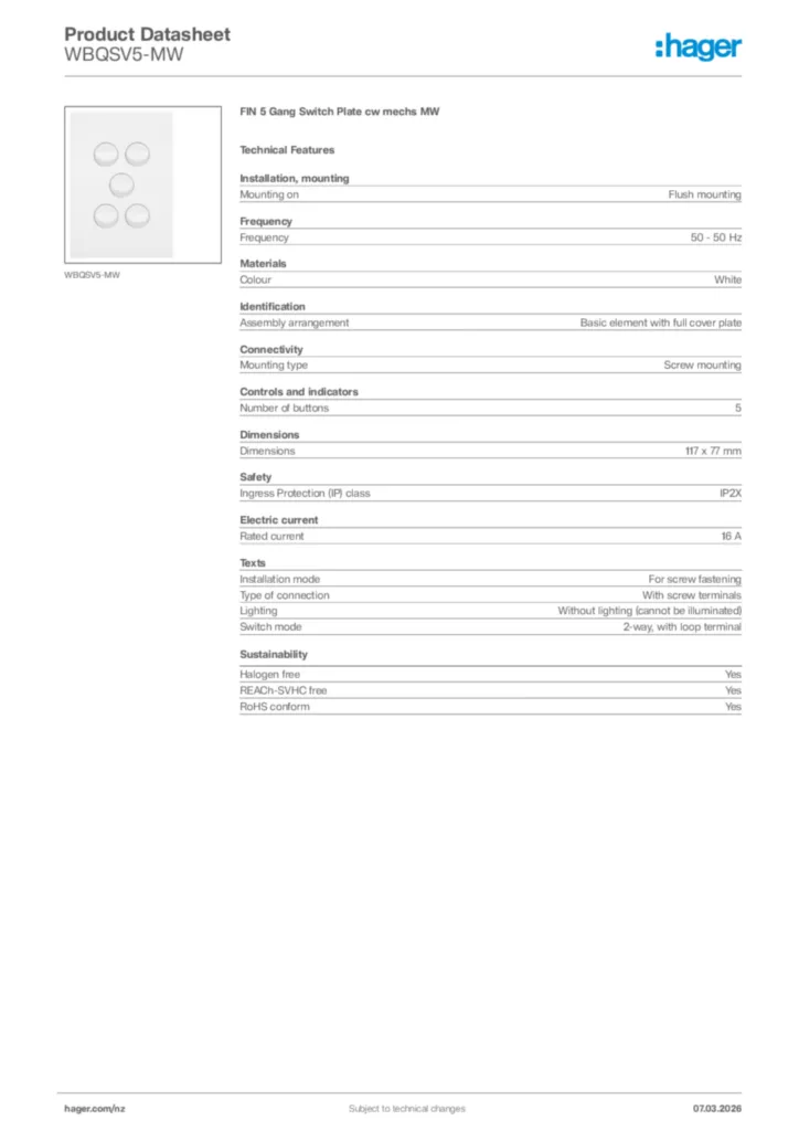 Image Hager Product data sheet WBQSV5-MW  | Hager New Zealand