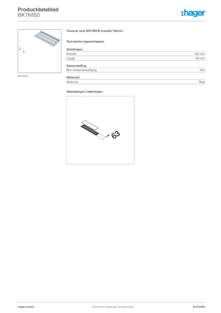 Afbeelding Hager Productdatablad BKTN150 | Hager Nederland